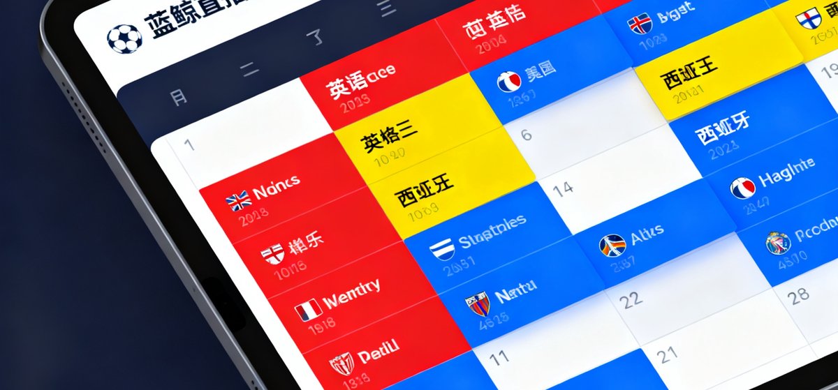 蓝鲸直播赛程日历界面，以月视图展示7月赛事安排，不同联赛用颜色区分，英超红色、西甲黄色、NBA蓝色标记